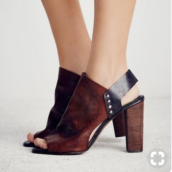 Free People Chocolate Brown/Black Leather Peep-toe Slingback with Wooden Heel 37 - Picture 2 of 12